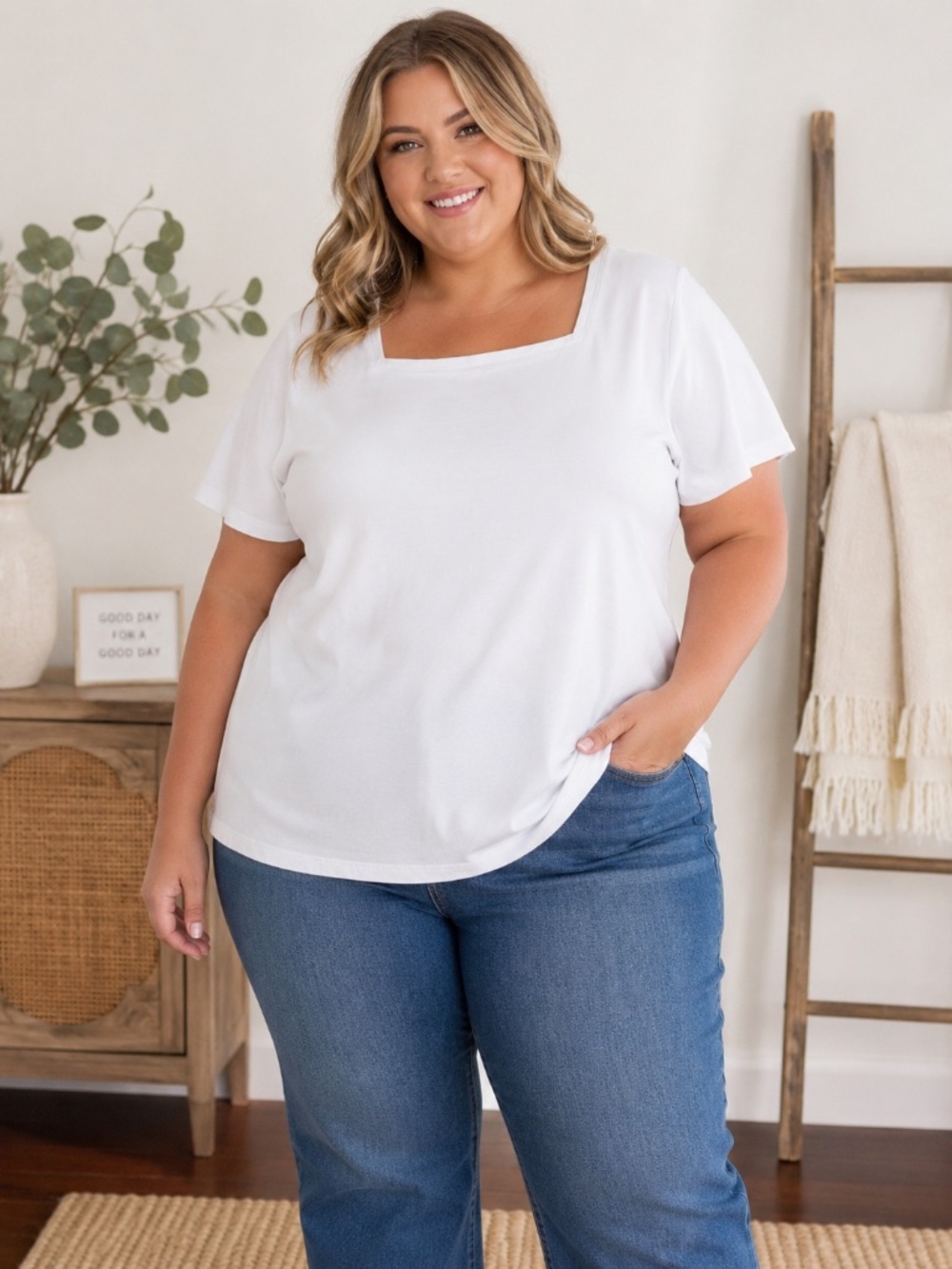 Liz Claiborne Woman 3X White Square Neck Thick Cotton Tee Top Plus Size